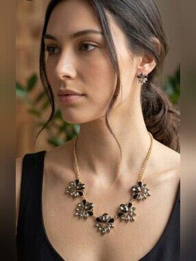 Gold Floral Statement Necklace with Smoky Gem Accents